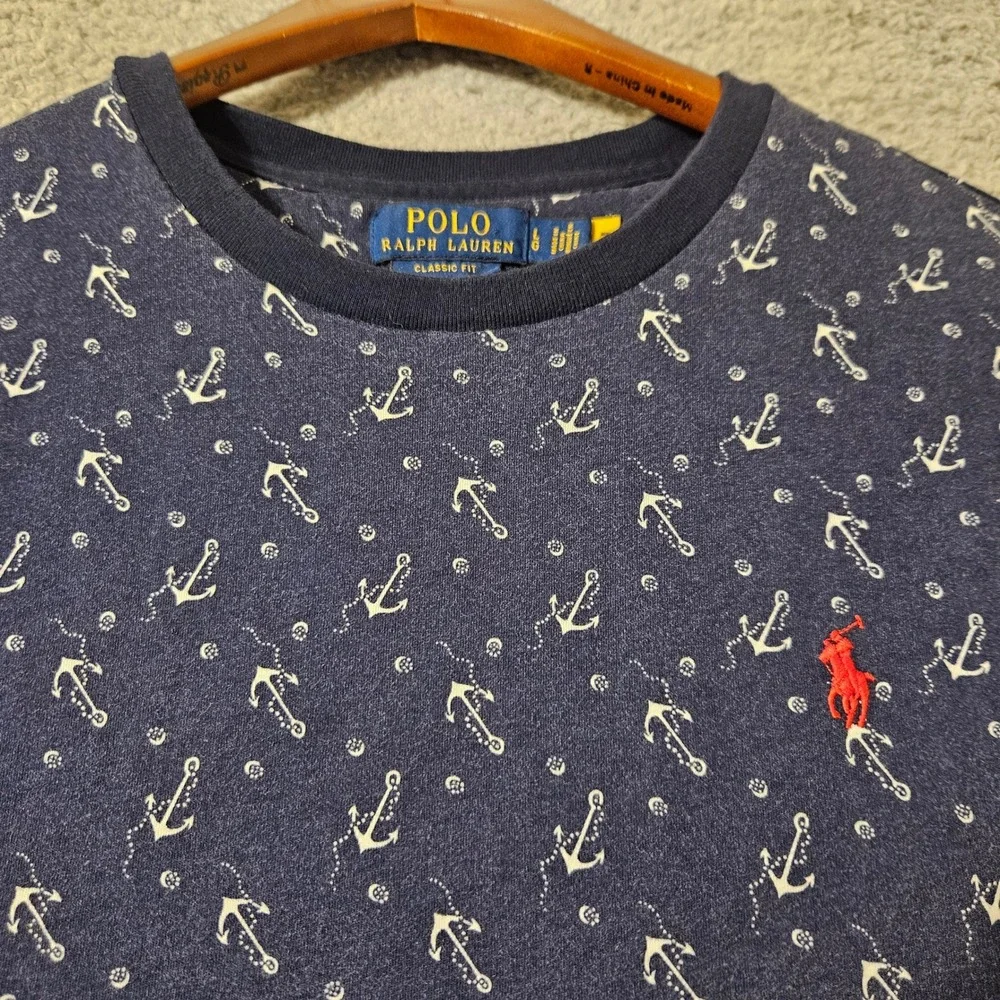 Polo Ralph Lauren Mens Classic Fit Anchor Print T-Shirt Navy Blue Red Pony Large